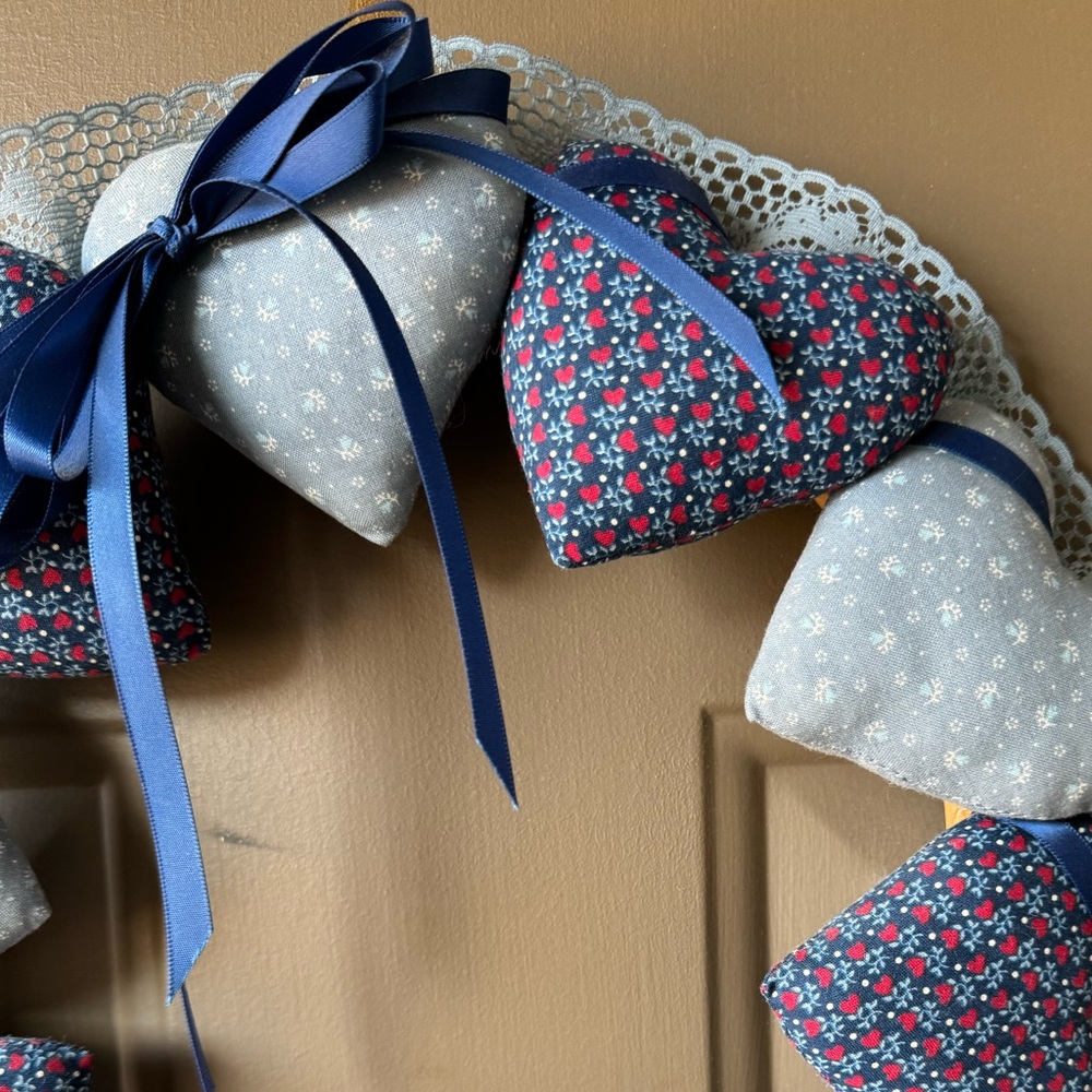 Vintage Heart Wreath country fabric lace & bow Handmade Cottagecore Farmcore - Picture 3 of 13